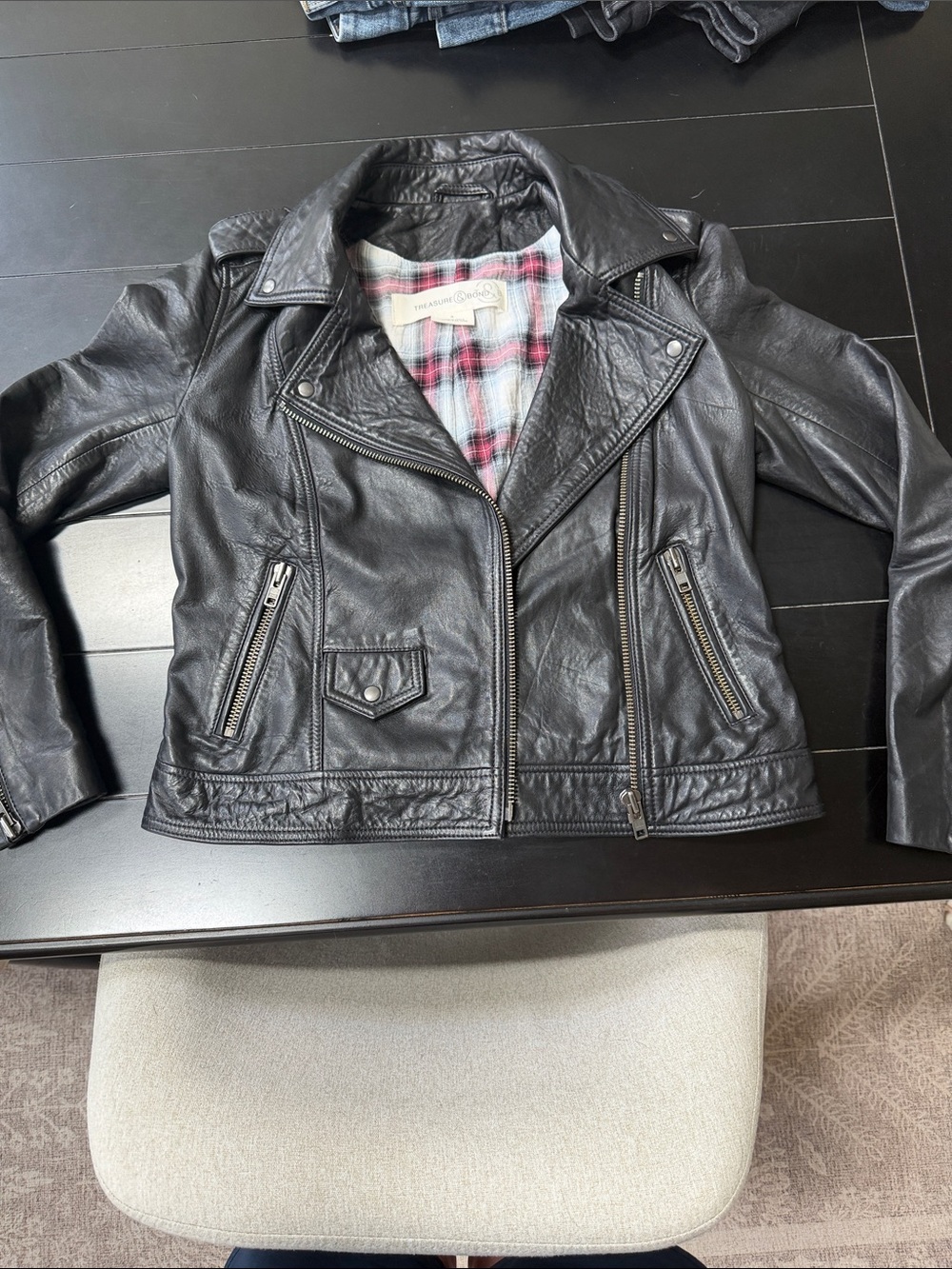 Treasure & Bond Black Leather Moto Jacket with Pink Plaid Lining